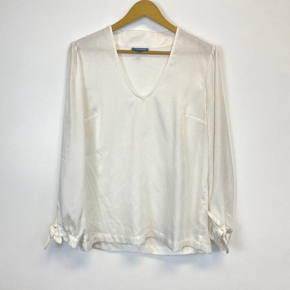 Modcloth White V Neck Tie Cuff Blouse